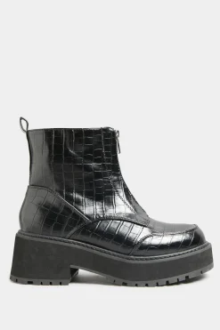 Limited Collection Black Croc Leather Look Zip Chunky Boots In Wide E Fit