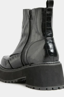 Limited Collection Black Croc Leather Look Zip Chunky Boots In Wide E Fit