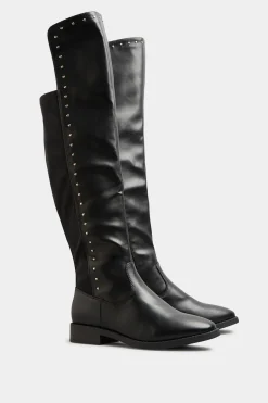 Limited Collection Limited Collection Black Pu Stud Over The Knee Boots In Wide E Fit & Extra Wide Eee Fit