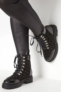 Limited Collection Limited Collection Black Faux Suede Diamante Stud Lace Up Boots In Extra Wide Eee Fit