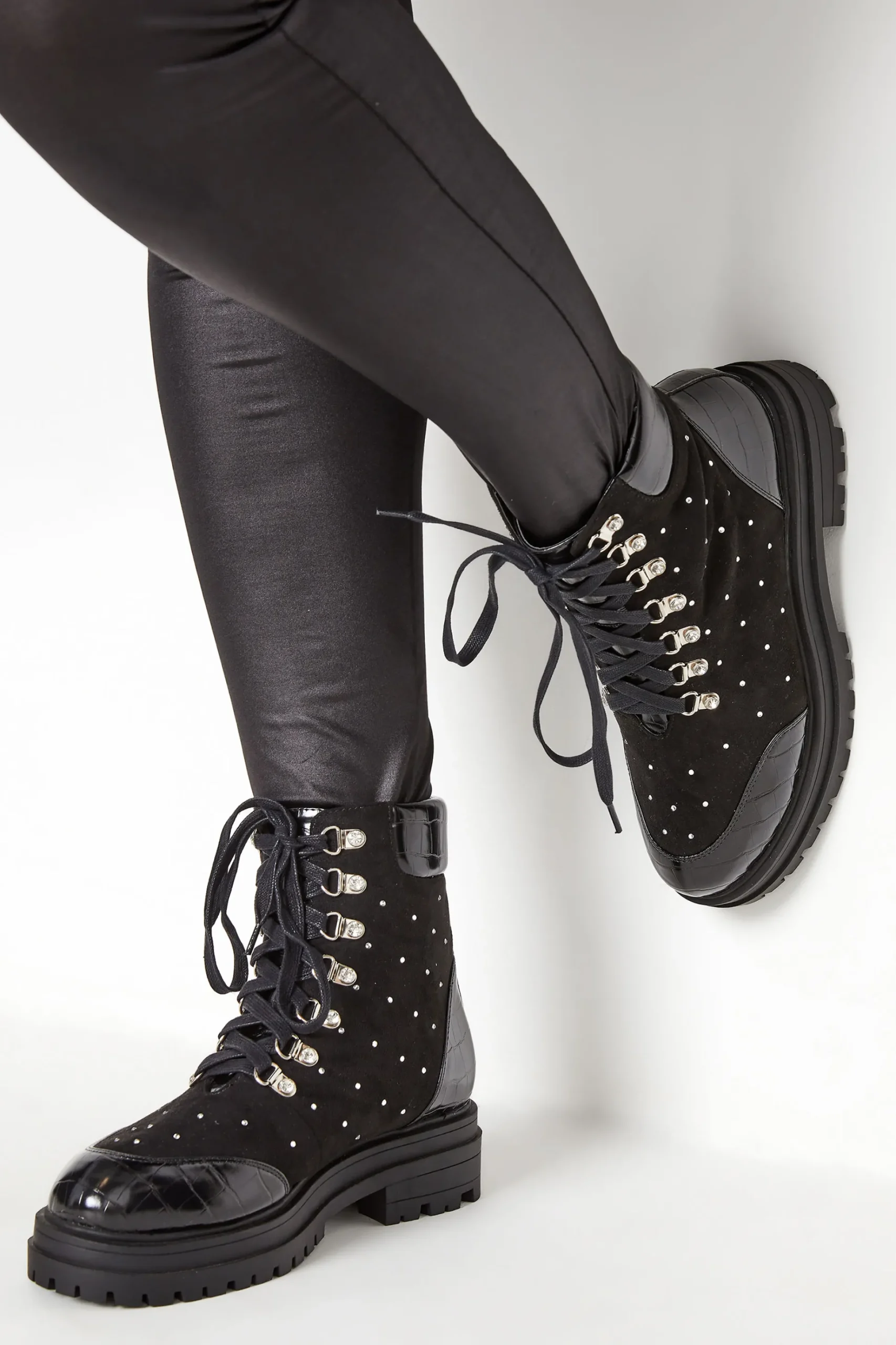 Limited Collection Limited Collection Black Faux Suede Diamante Stud Lace Up Boots In Extra Wide Eee Fit