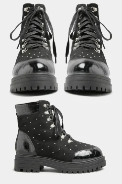 Limited Collection Limited Collection Black Faux Suede Diamante Stud Lace Up Boots In Extra Wide Eee Fit