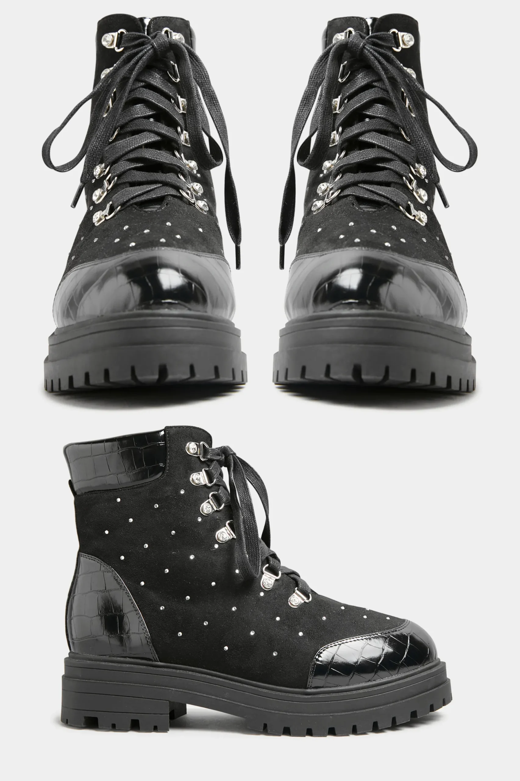 Limited Collection Limited Collection Black Faux Suede Diamante Stud Lace Up Boots In Extra Wide Eee Fit