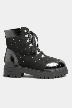 Limited Collection Limited Collection Black Faux Suede Diamante Stud Lace Up Boots In Extra Wide Eee Fit