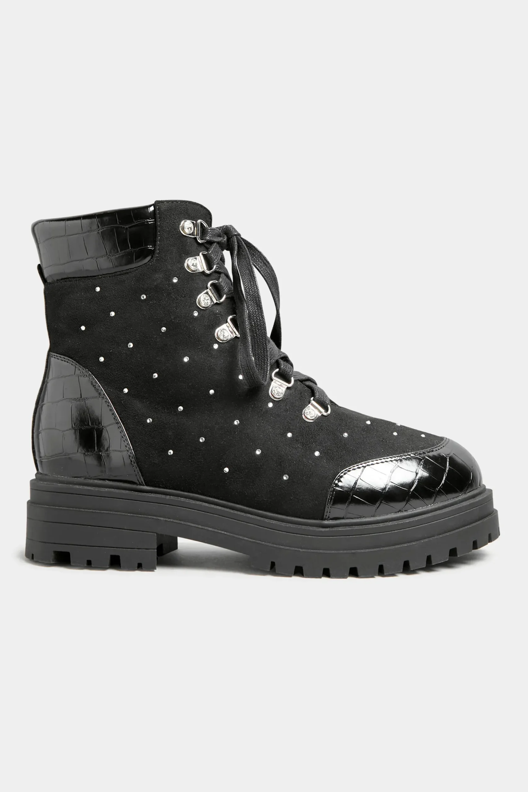 Limited Collection Limited Collection Black Faux Suede Diamante Stud Lace Up Boots In Extra Wide Eee Fit