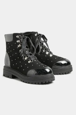 Limited Collection Limited Collection Black Faux Suede Diamante Stud Lace Up Boots In Extra Wide Eee Fit