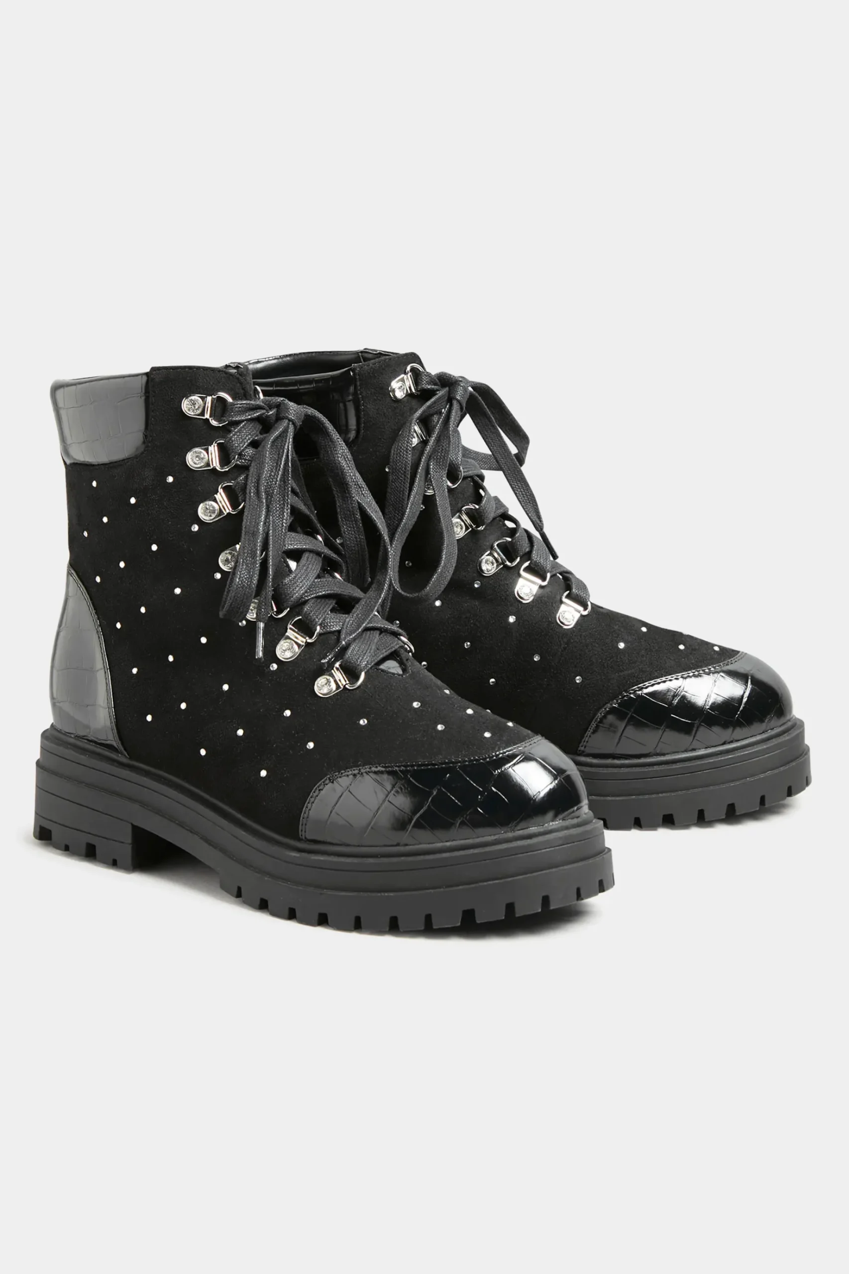 Limited Collection Limited Collection Black Faux Suede Diamante Stud Lace Up Boots In Extra Wide Eee Fit