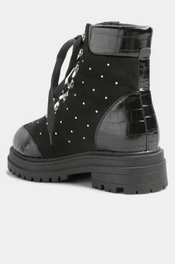 Limited Collection Limited Collection Black Faux Suede Diamante Stud Lace Up Boots In Extra Wide Eee Fit
