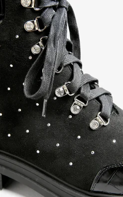 Limited Collection Limited Collection Black Faux Suede Diamante Stud Lace Up Boots In Extra Wide Eee Fit