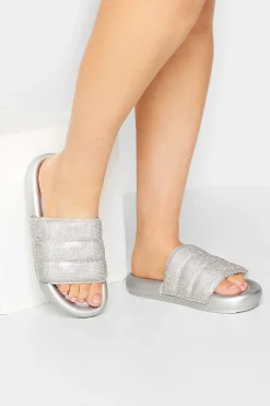 Limited Collection Limited Collection Silver Diamante Embellished Padded Silders In Wide E Fit