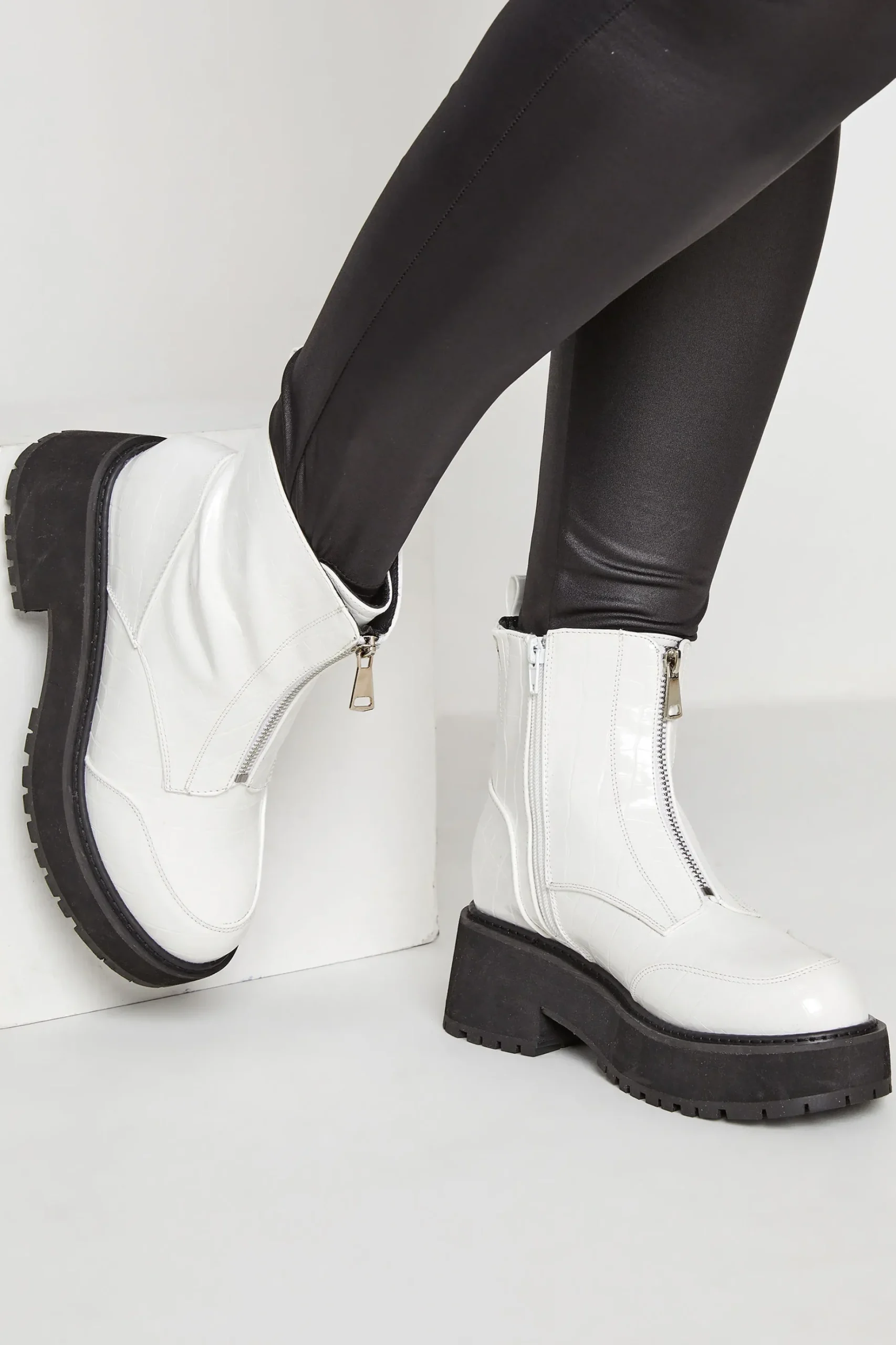 Limited Collection Limited Collection White Croc Leather Look Zip Chunky Boots In Wide E Fit