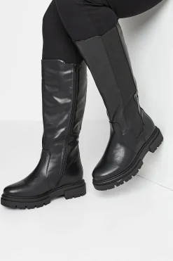 Limited Collection Limited Collection Black Elasticated Knee High Cleated Boots In Wide E Fit & Extra Wide Eee Fit