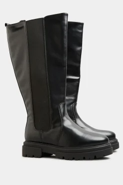 Limited Collection Limited Collection Black Elasticated Knee High Cleated Boots In Wide E Fit & Extra Wide Eee Fit