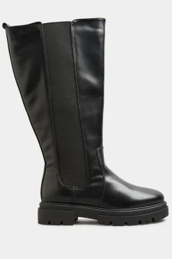 Limited Collection Limited Collection Black Elasticated Knee High Cleated Boots In Wide E Fit & Extra Wide Eee Fit