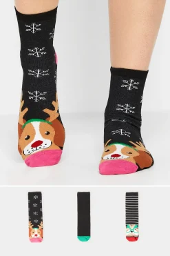 Lts Lts 3 Pack Black Christmas Dog Novelty Ankle Socks