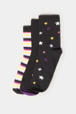 Lts Lts 3 Pack Black Star & Stripe Print Ankle Socks