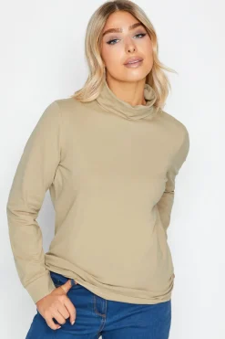 M&Co Womens M&Co Beige Brown Turtle Neck Long Sleeve Cotton Blend Top