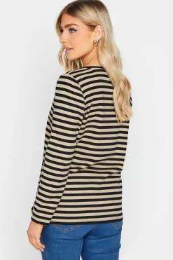 M&Co Womens M&Co Beige Brown Stripe V-Neck Cotton Long Sleeve T-Shirt
