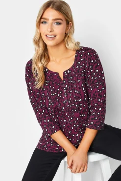 M&Co Womens M&Co Berry Red Animal Print Cotton Henley Top