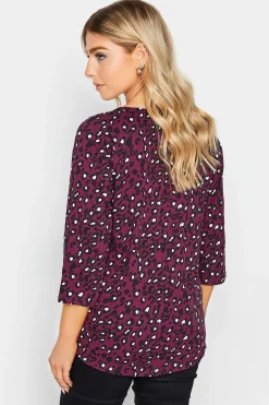 M&Co Womens M&Co Berry Red Animal Print Cotton Henley Top