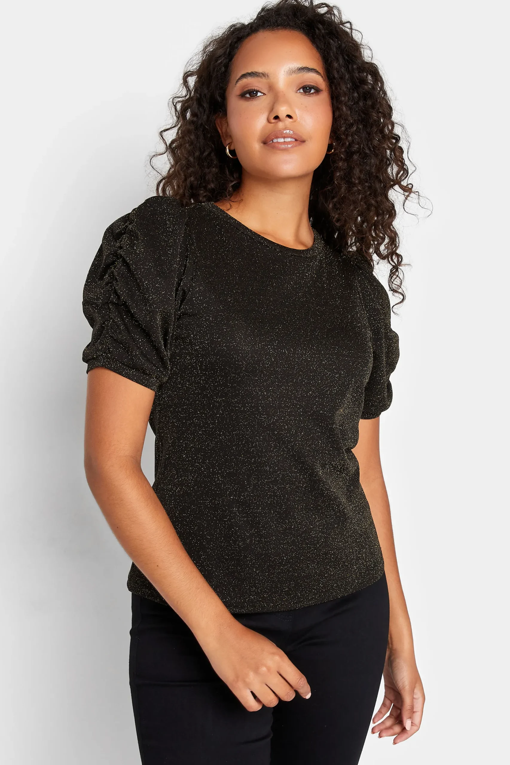 M&Co Womens M&Co Black & Gold Shimmer Ruched Sleeve Blouse