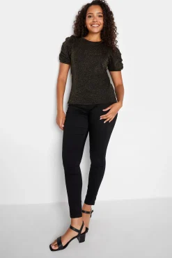M&Co Womens M&Co Black & Gold Shimmer Ruched Sleeve Blouse