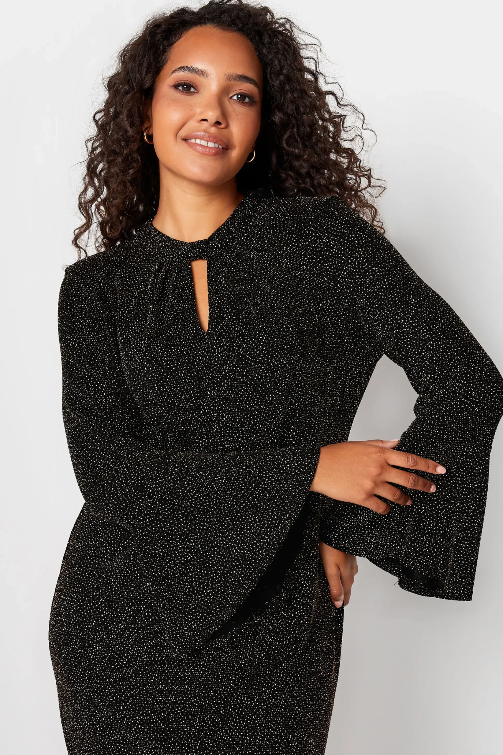 M&Co Womens M&Co Black & Gold Shimmer Bell Sleeve Dress
