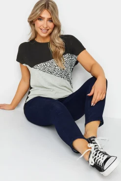 M&Co Womens M&Co Black & Grey Leopard Print Colour Block Top