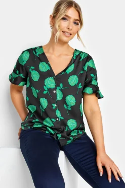 M&Co Womens M&Co Black & Green Floral Print Frill Sleeve Blouse