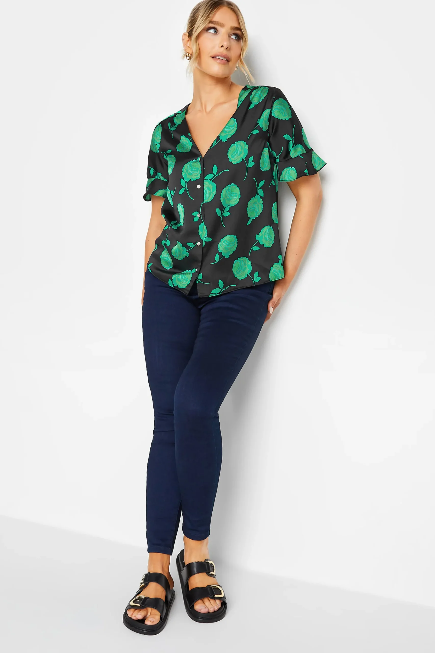 M&Co Womens M&Co Black & Green Floral Print Frill Sleeve Blouse