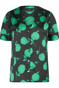 M&Co Womens M&Co Black & Green Floral Print Frill Sleeve Blouse