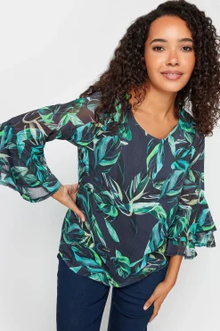 M&Co Womens M&Co Black & Green Floral Print Flute Sleeve Blouse