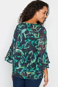 M&Co Womens M&Co Black & Green Floral Print Flute Sleeve Blouse