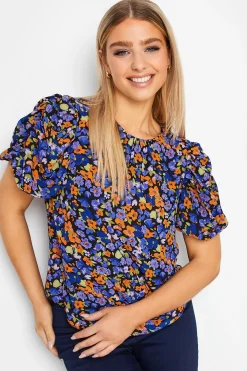 M&Co Womens M&Co Black & Orange Floral Print Puff Sleeve Blouse