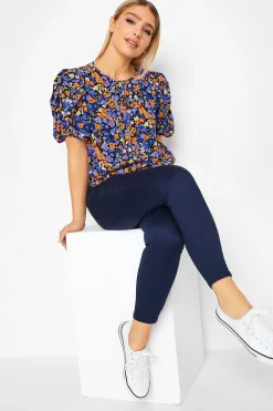 M&Co Womens M&Co Black & Orange Floral Print Puff Sleeve Blouse