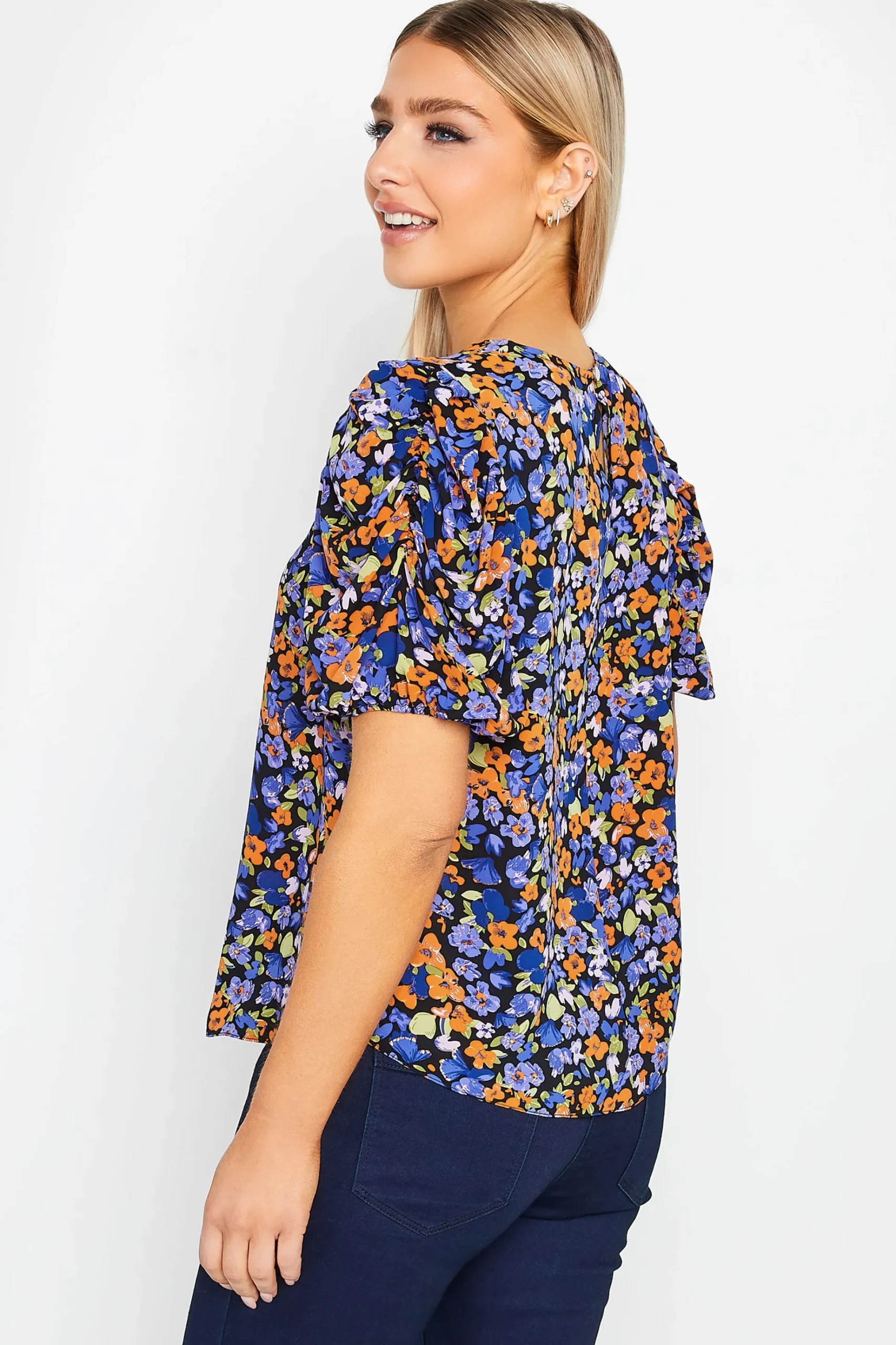 M&Co Womens M&Co Black & Orange Floral Print Puff Sleeve Blouse