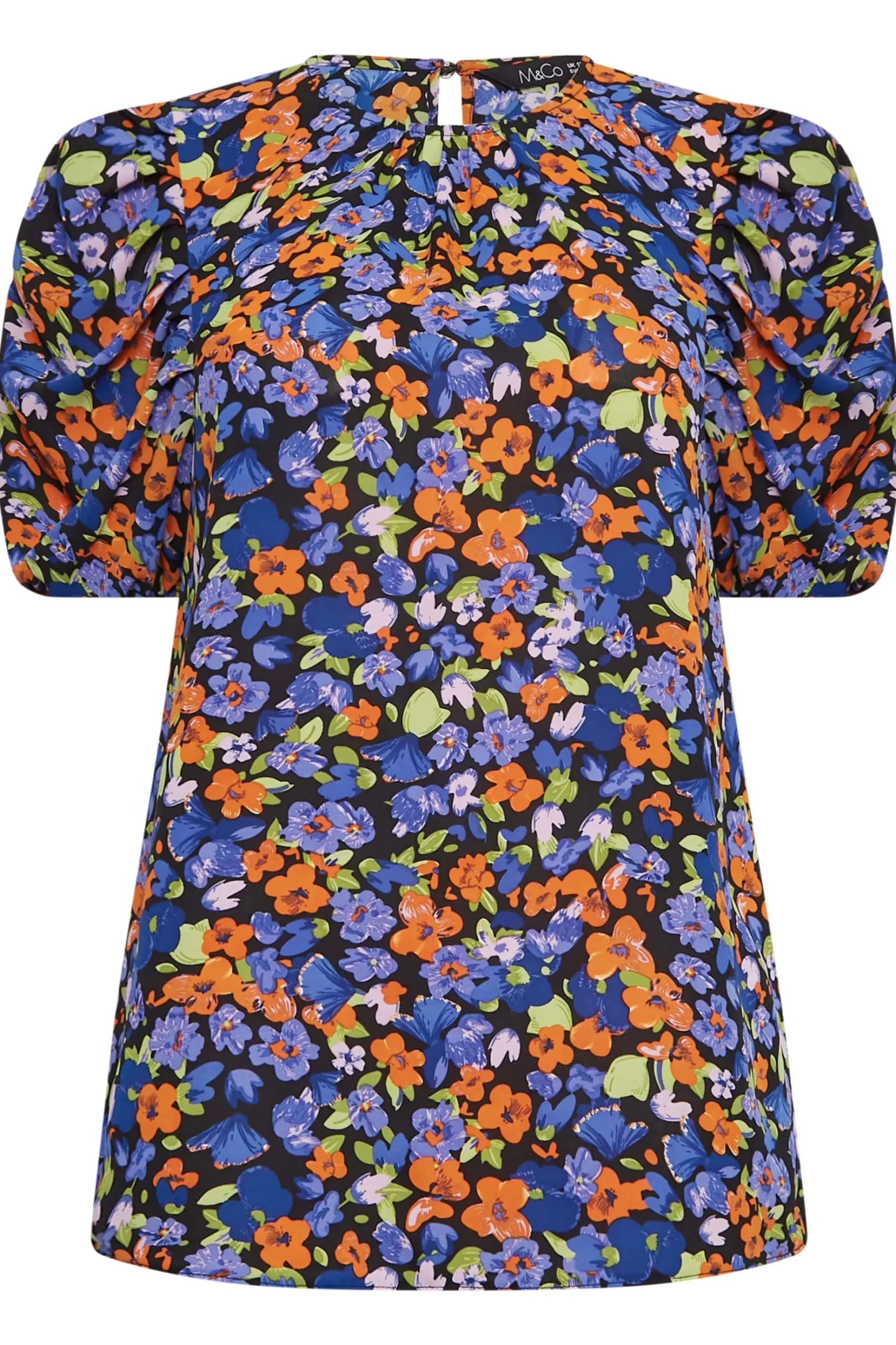 M&Co Womens M&Co Black & Orange Floral Print Puff Sleeve Blouse