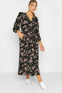 M&Co Womens M&Co Black & Pink Floral Print Wrap Front Dress