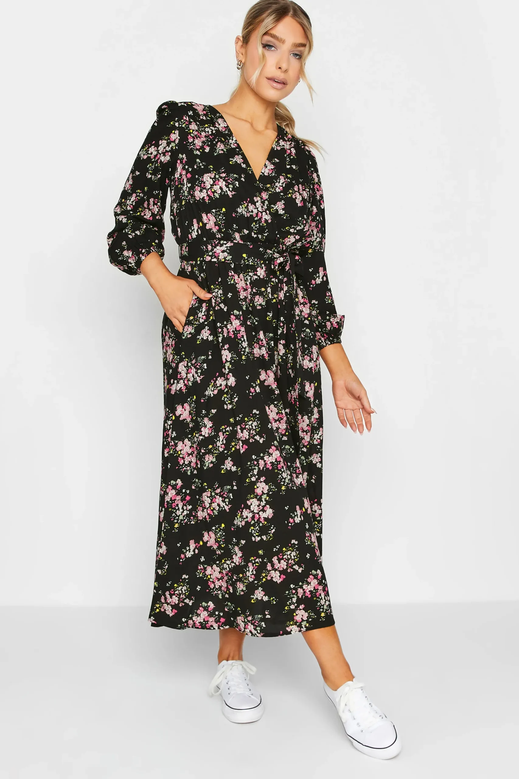 M&Co Womens M&Co Black & Pink Floral Print Wrap Front Dress