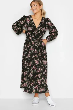 M&Co Womens M&Co Black & Pink Floral Print Wrap Front Dress