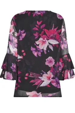 M&Co Womens M&Co Black & Pink Floral Print Flute Sleeve Blouse