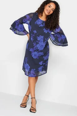 M&Co Womens M&Co Black & Purplefloral Print Flute Sleeve Shift Dress