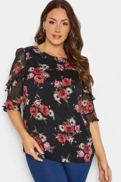 M&Co Womens M&Co Black & Red Floral Double Frill Sleeve Blouse