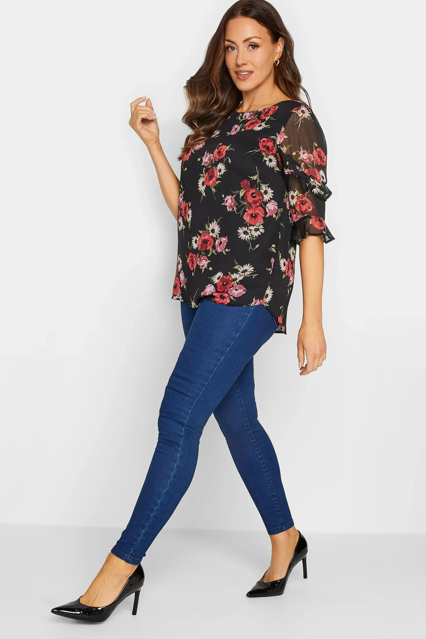 M&Co Womens M&Co Black & Red Floral Double Frill Sleeve Blouse