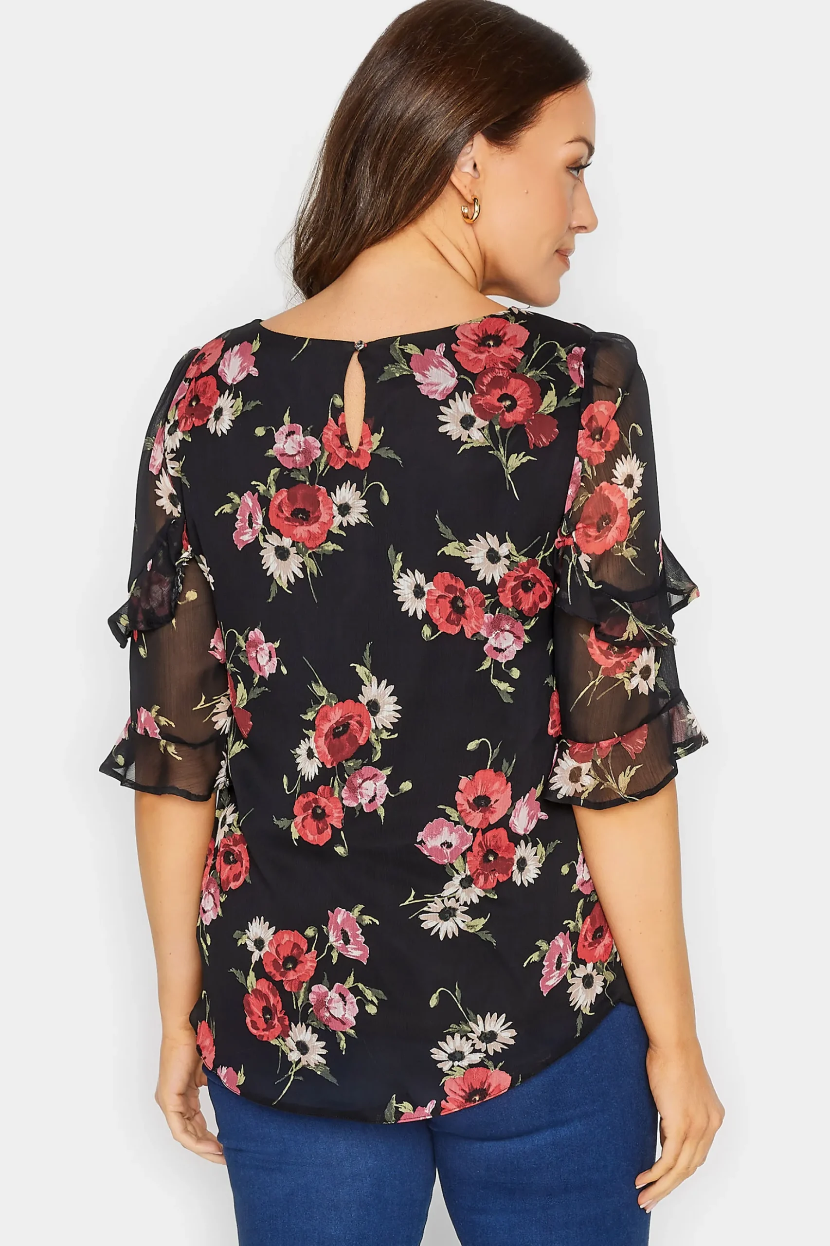 M&Co Womens M&Co Black & Red Floral Double Frill Sleeve Blouse