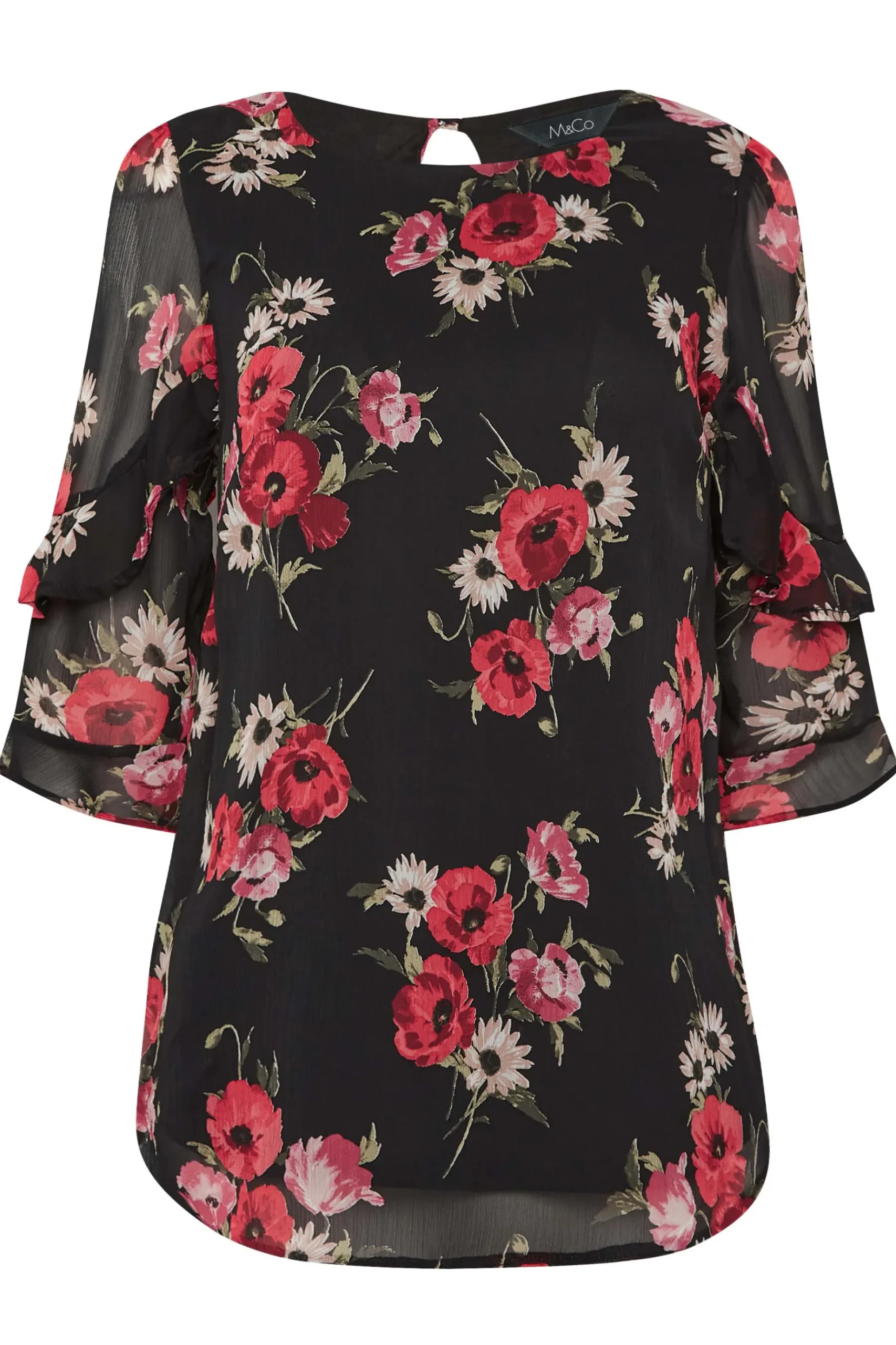 M&Co Womens M&Co Black & Red Floral Double Frill Sleeve Blouse