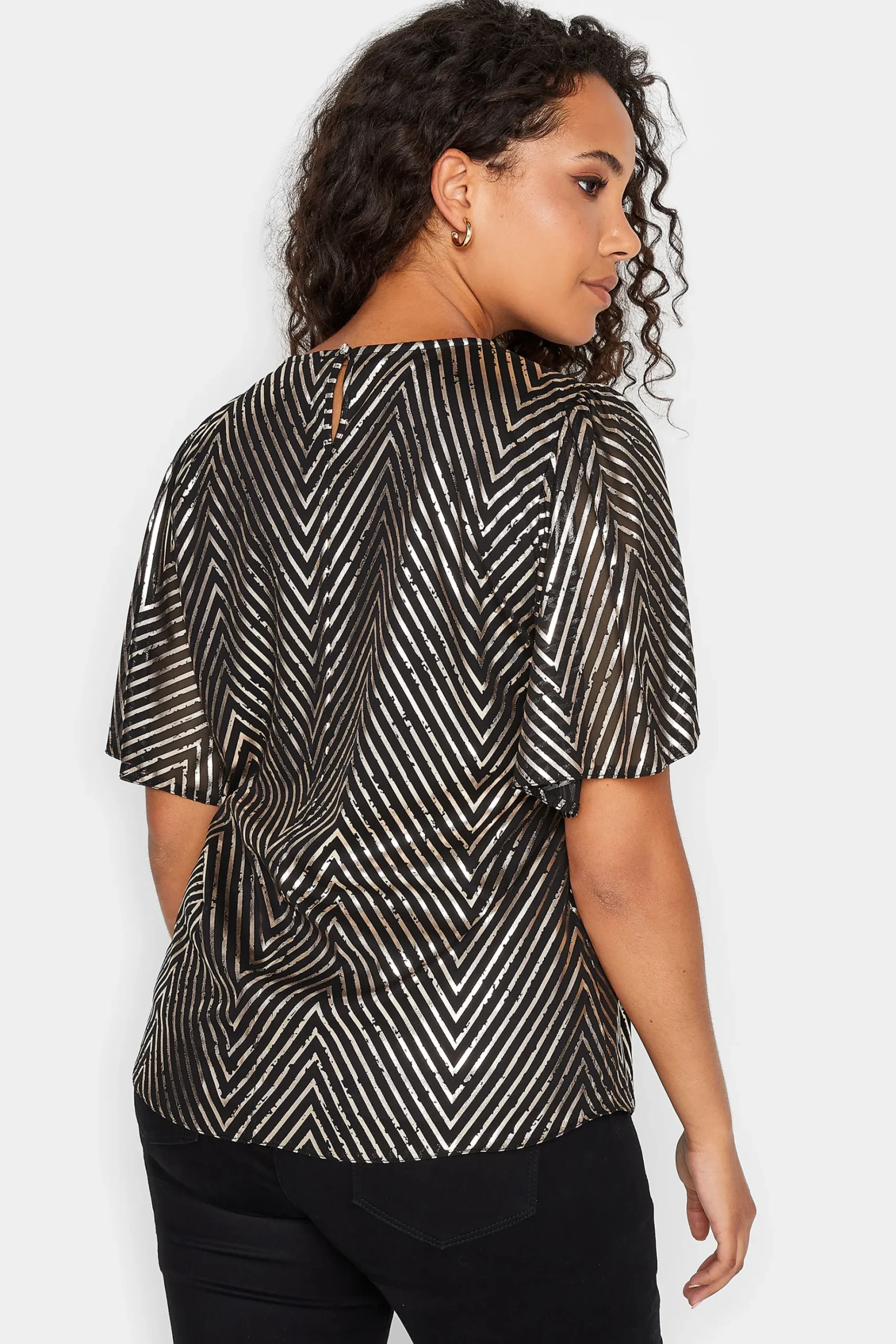 M&Co Womens M&Co Black & Rose Gold Chevron Angel Sleeve Blouse