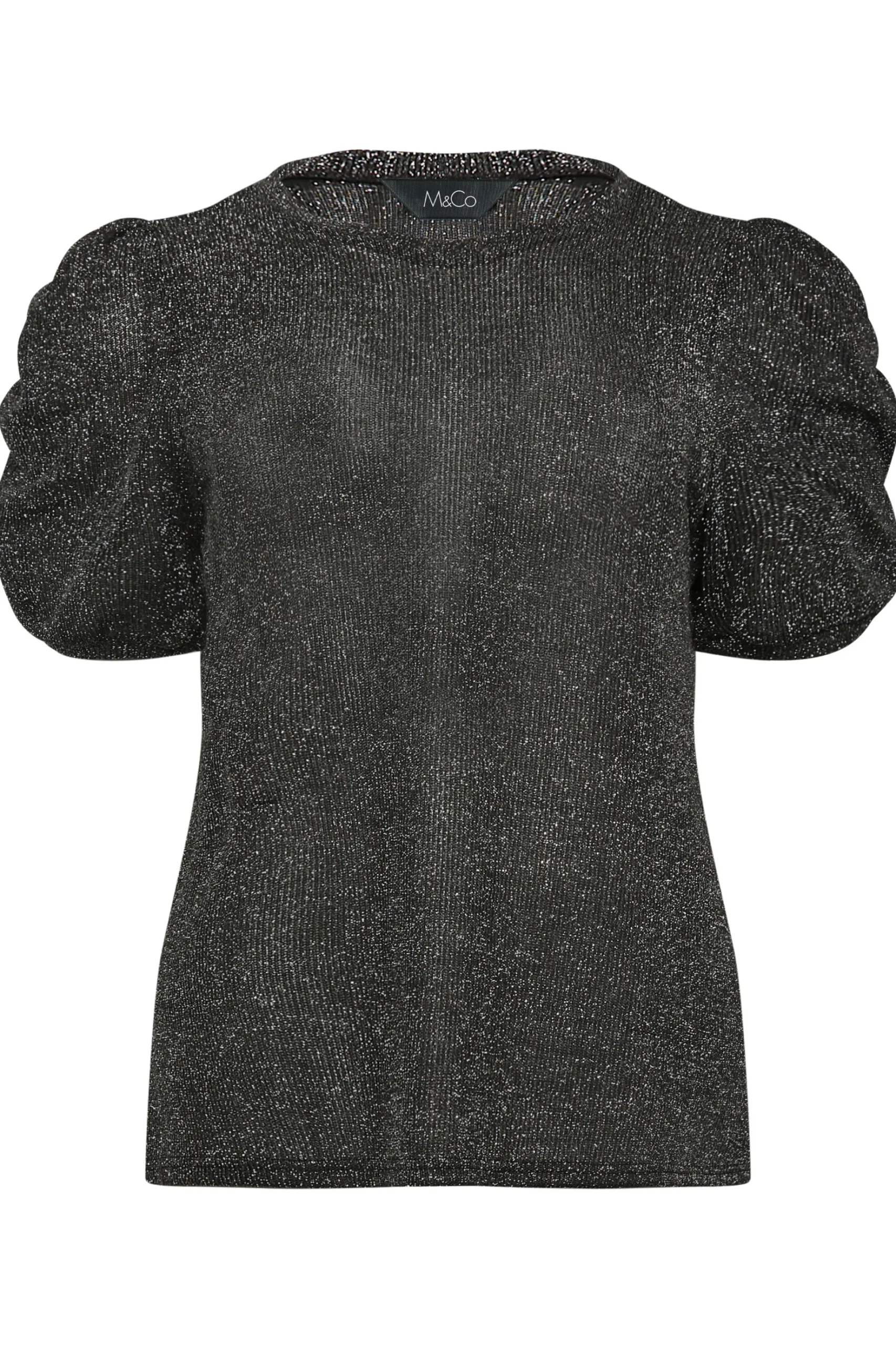 M&Co Womens M&Co Black & Silver Glitter Ruched Sleeve Blouse