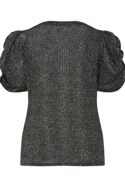 M&Co Womens M&Co Black & Silver Glitter Ruched Sleeve Blouse