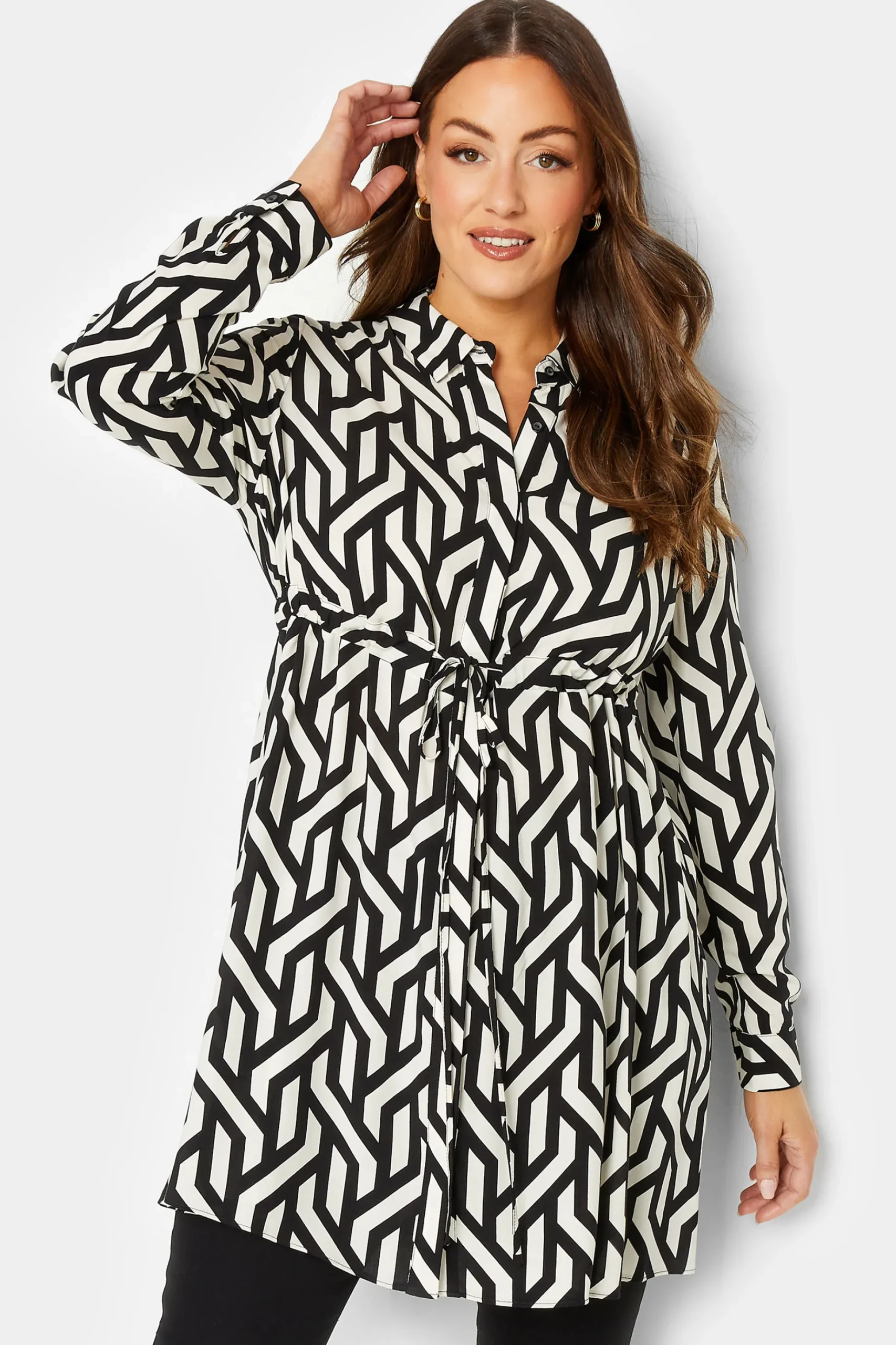 M&Co Womens M&Co Black & White Geometric Print Tie Waist Tunic Shirt